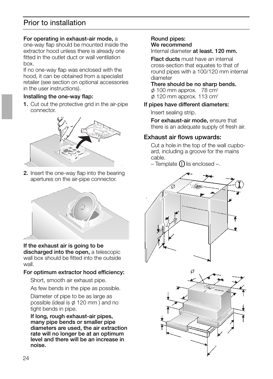 Prior to installation, Exhaust air flows upwards | Bosch DHI645H grau-metallic Flachschirmhaube 60 cm User Manual | Page 24 / 96