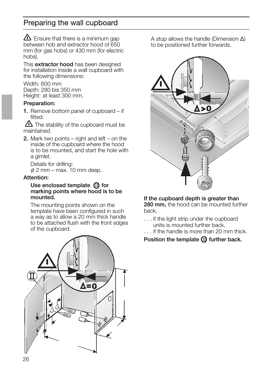 Preparing the wall cupboard | Bosch DHI645H grau-metallic Flachschirmhaube 60 cm User Manual | Page 26 / 96