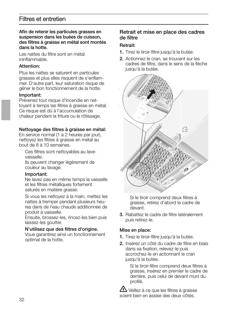 Filtres et entretien | Bosch DHI645H grau-metallic Flachschirmhaube 60 cm User Manual | Page 32 / 96