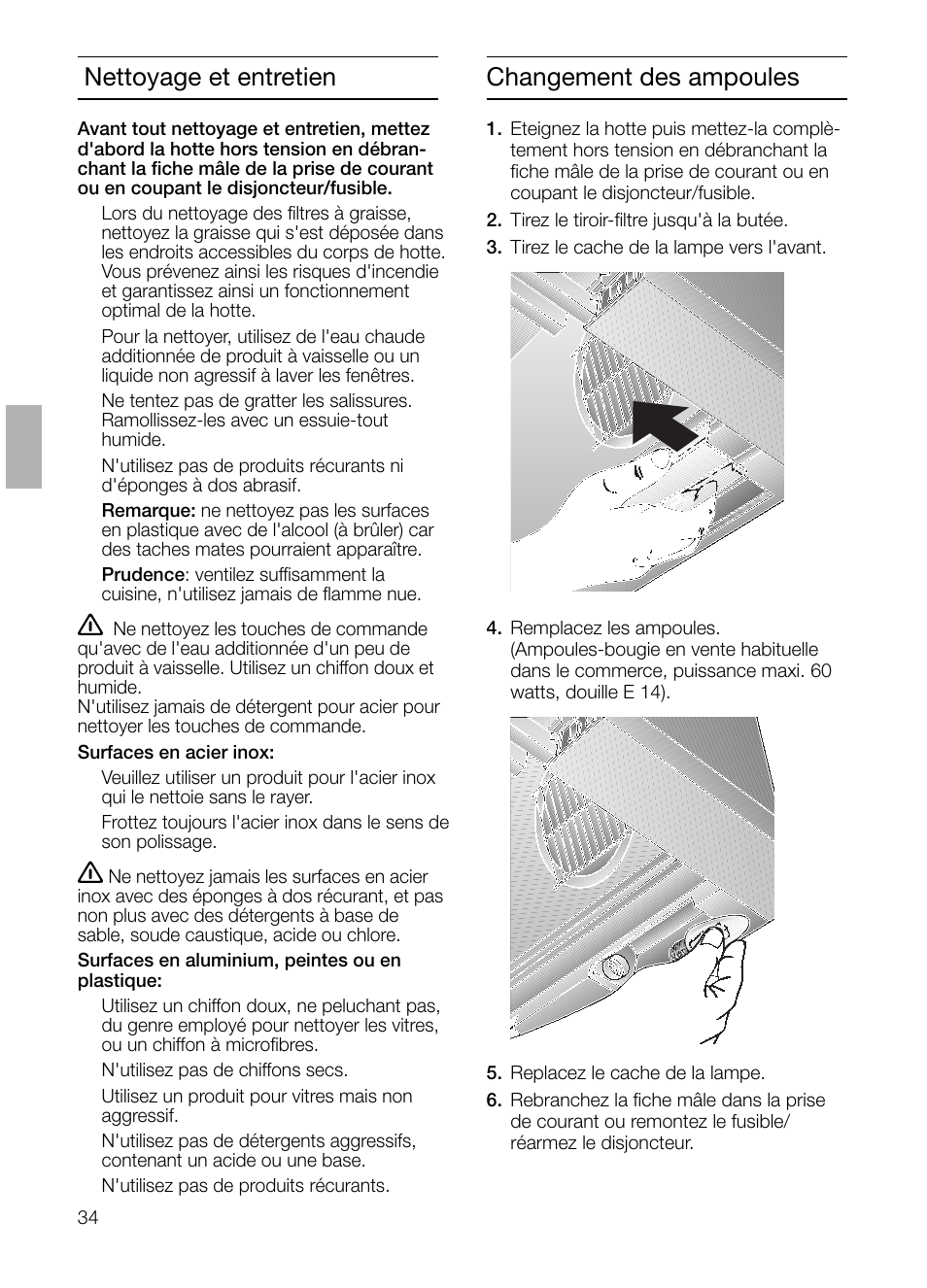 Changement des ampoules, Nettoyage et entretien | Bosch DHI645H grau-metallic Flachschirmhaube 60 cm User Manual | Page 34 / 96