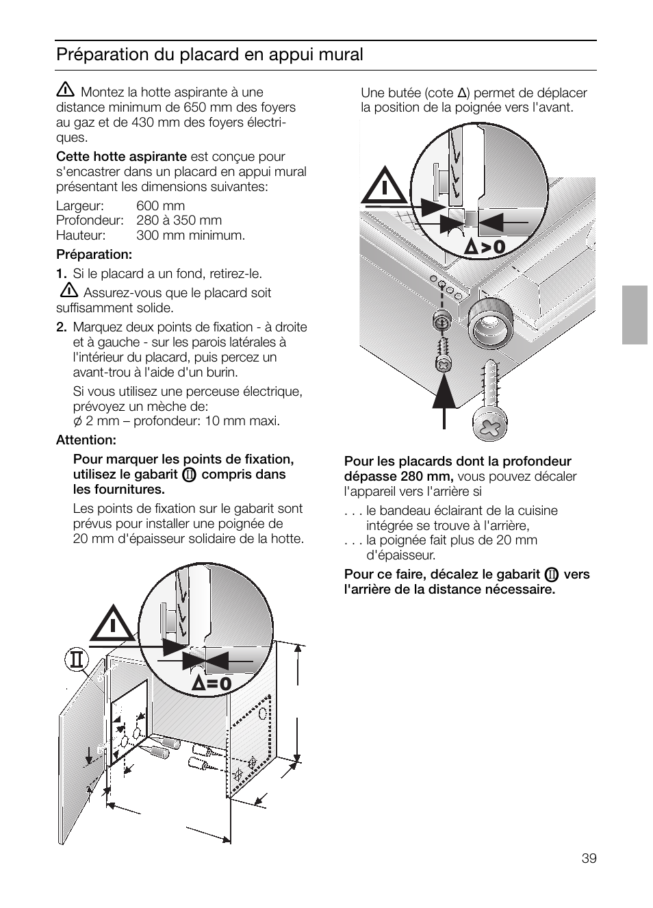 Préparation du placard en appui mural | Bosch DHI645H grau-metallic Flachschirmhaube 60 cm User Manual | Page 39 / 96