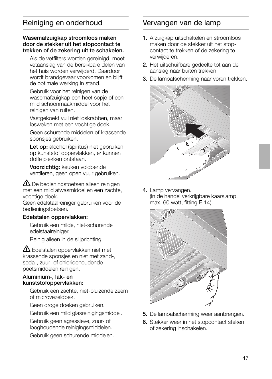 Vervangen van de lamp, Reiniging en onderhoud | Bosch DHI645H grau-metallic Flachschirmhaube 60 cm User Manual | Page 47 / 96