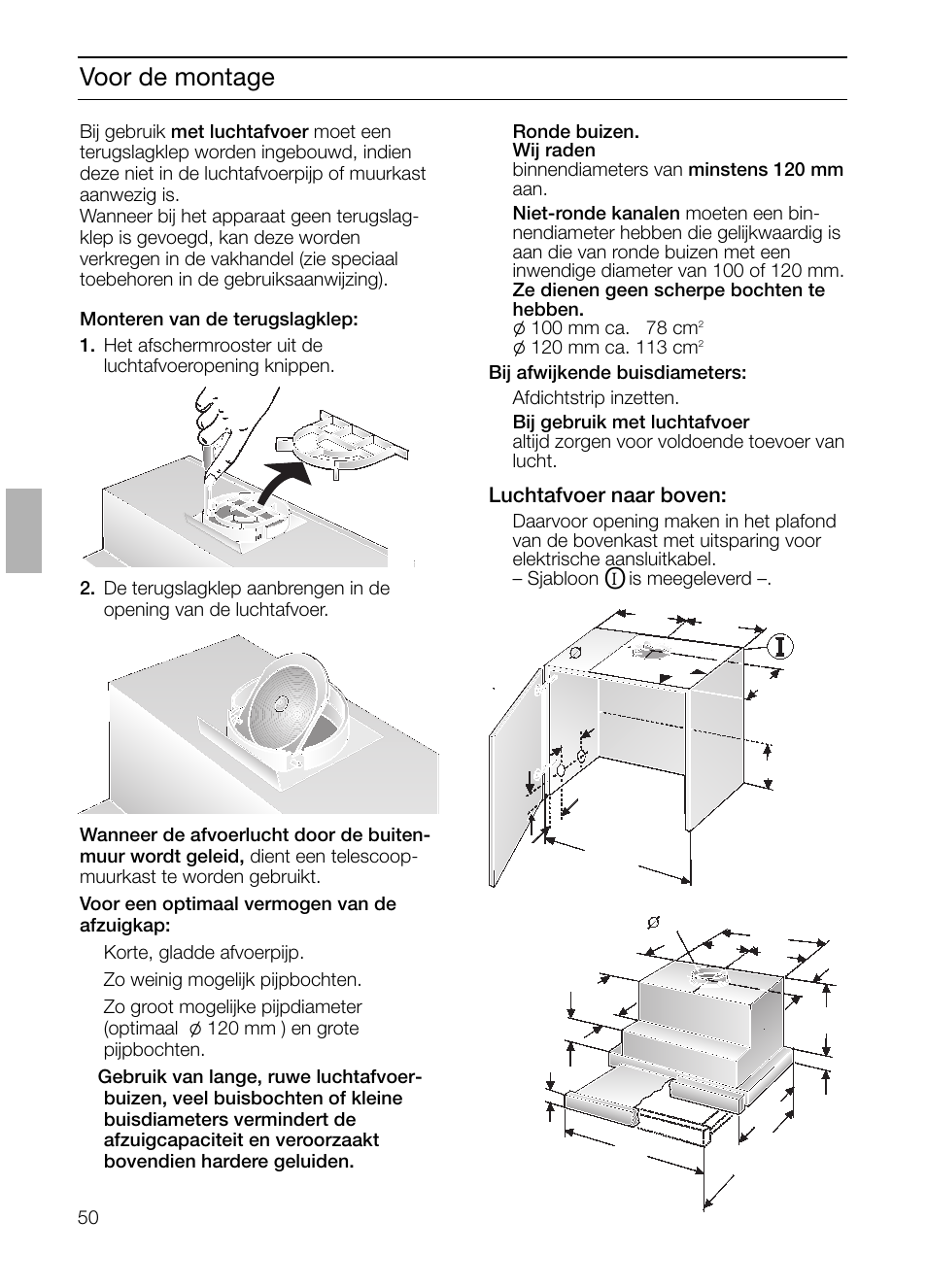 Voor de montage, Luchtafvoer naar boven | Bosch DHI645H grau-metallic Flachschirmhaube 60 cm User Manual | Page 50 / 96