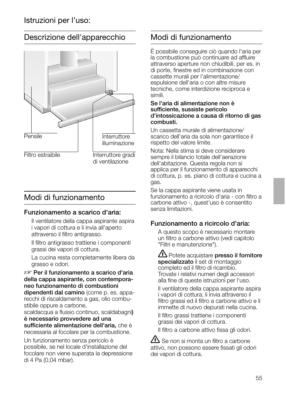 Descrizione dell'apparecchio modi di funzionamento, Modi di funzionamento istruzioni per l’uso | Bosch DHI645H grau-metallic Flachschirmhaube 60 cm User Manual | Page 55 / 96