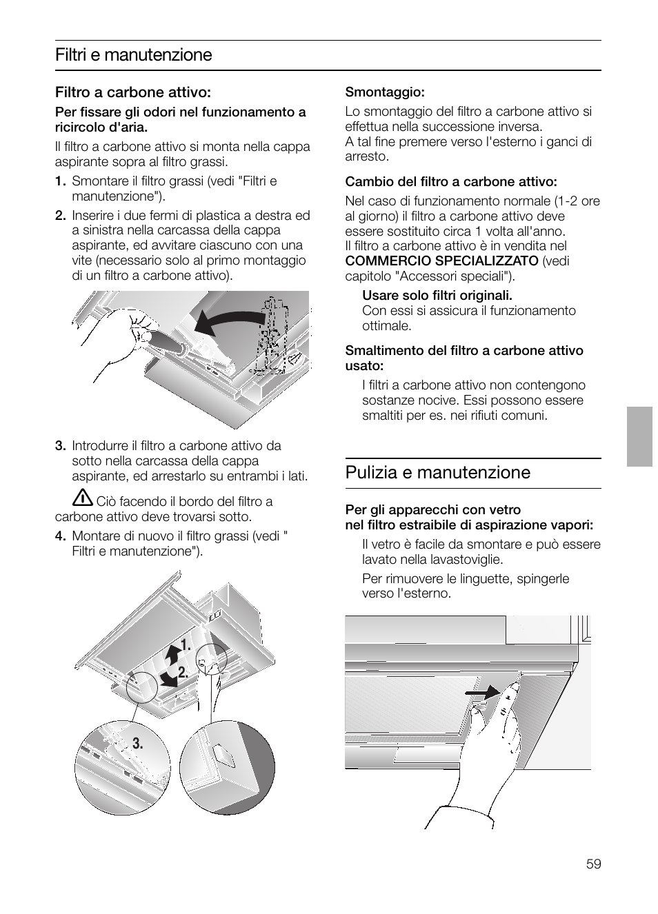 Filtri e manutenzione, Pulizia e manutenzione | Bosch DHI645H grau-metallic Flachschirmhaube 60 cm User Manual | Page 59 / 96