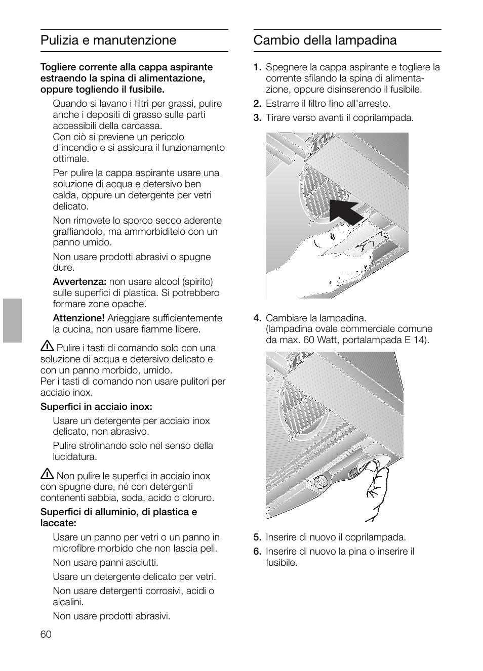 Cambio della lampadina, Pulizia e manutenzione | Bosch DHI645H grau-metallic Flachschirmhaube 60 cm User Manual | Page 60 / 96