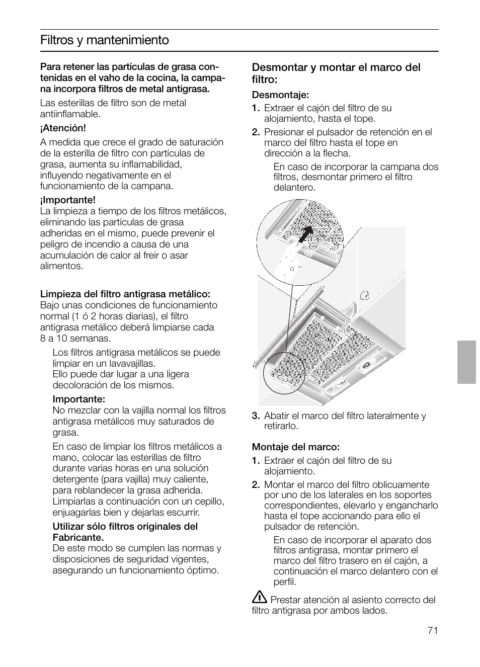 Filtros y mantenimiento | Bosch DHI645H grau-metallic Flachschirmhaube 60 cm User Manual | Page 71 / 96