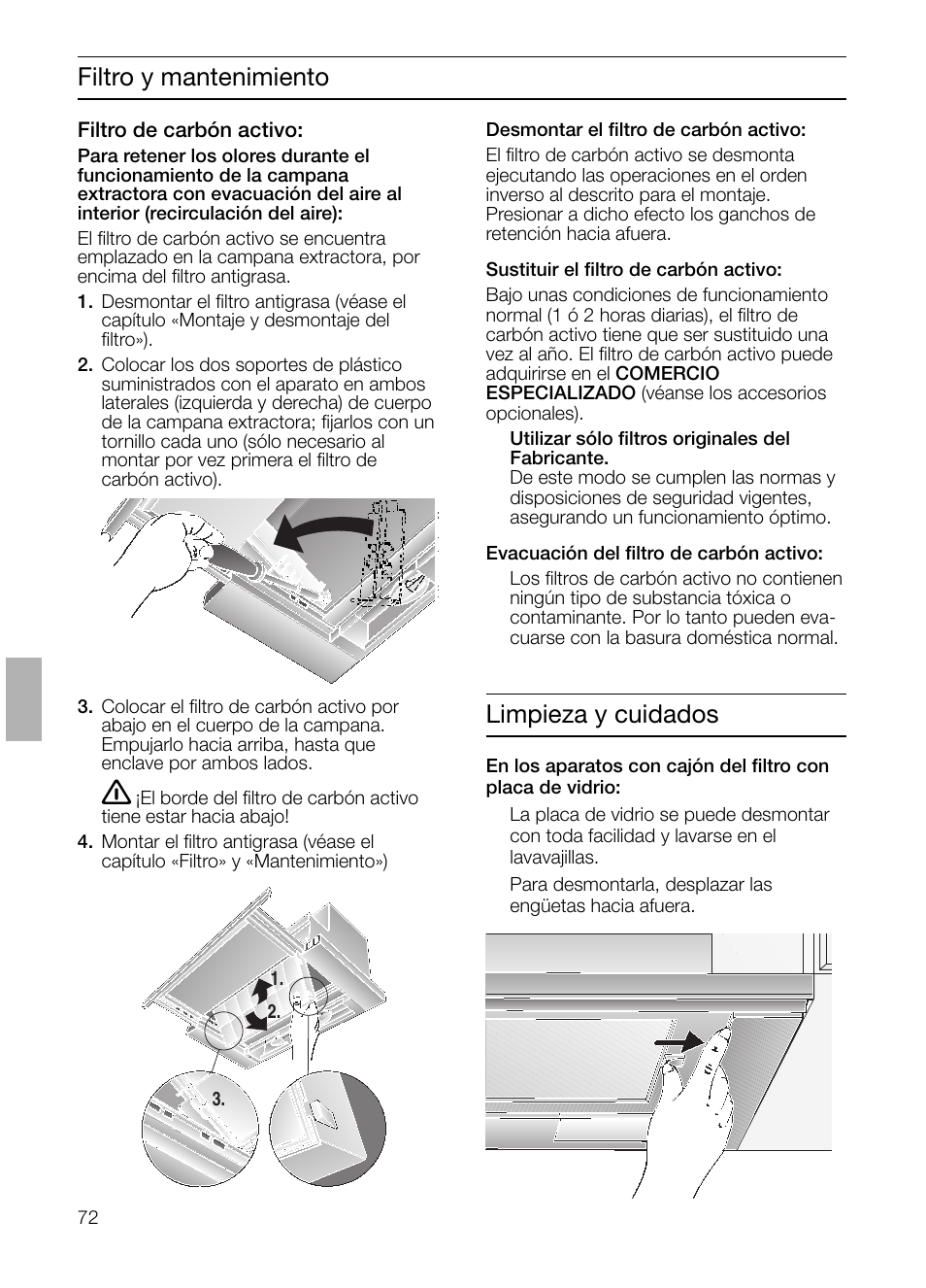 Filtro y mantenimiento, Limpieza y cuidados | Bosch DHI645H grau-metallic Flachschirmhaube 60 cm User Manual | Page 72 / 96