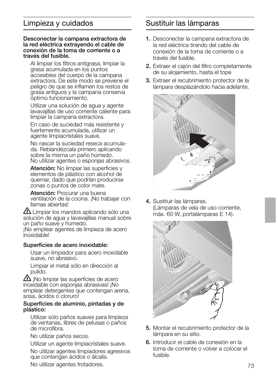 Sustituir las lámparas, Limpieza y cuidados | Bosch DHI645H grau-metallic Flachschirmhaube 60 cm User Manual | Page 73 / 96