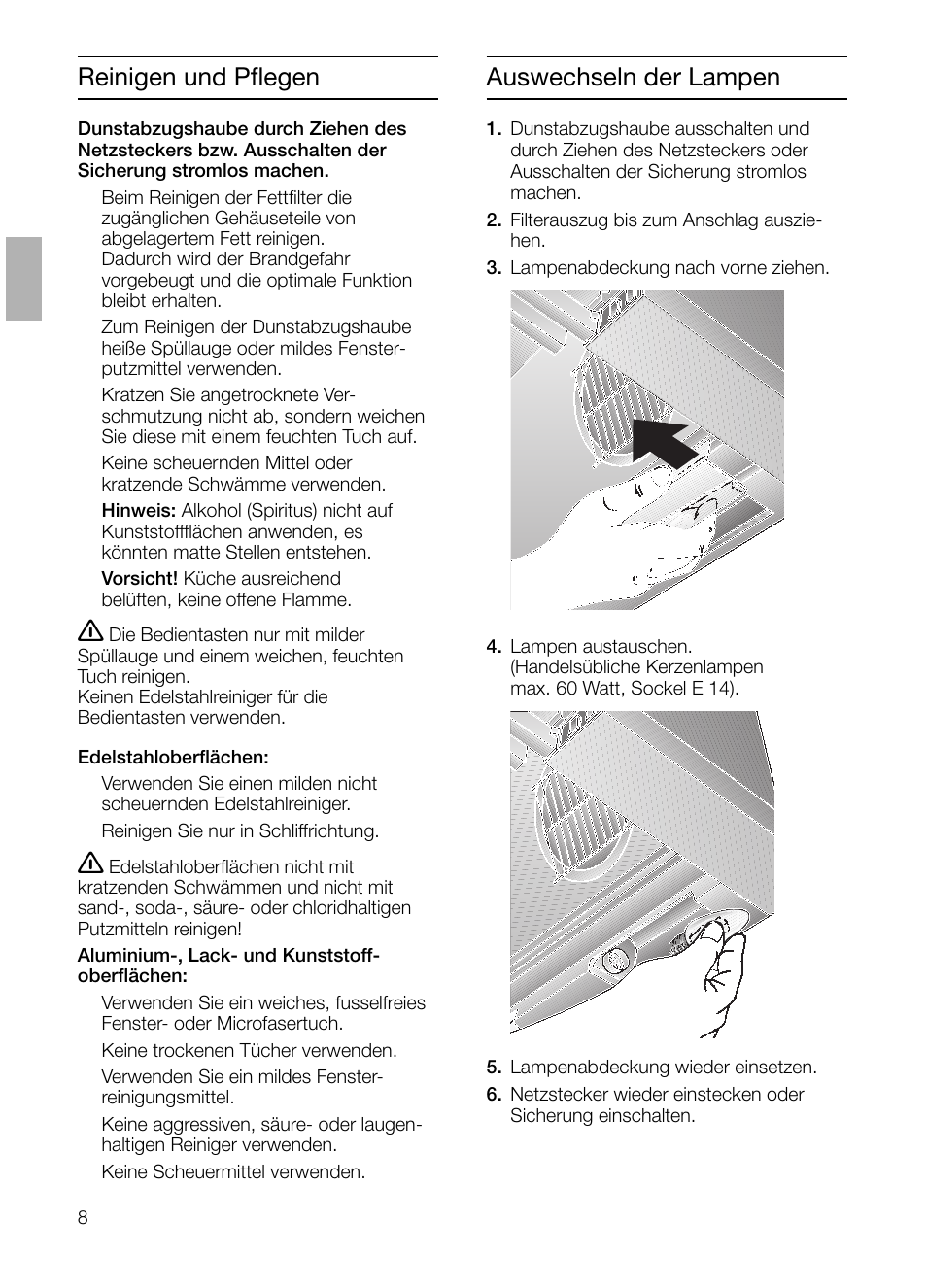 Reinigen und pflegen, Auswechseln der lampen | Bosch DHI645H grau-metallic Flachschirmhaube 60 cm User Manual | Page 8 / 96