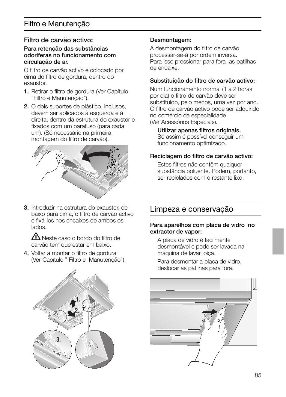 Filtro e manutenção, Limpeza e conservação | Bosch DHI645H grau-metallic Flachschirmhaube 60 cm User Manual | Page 85 / 96