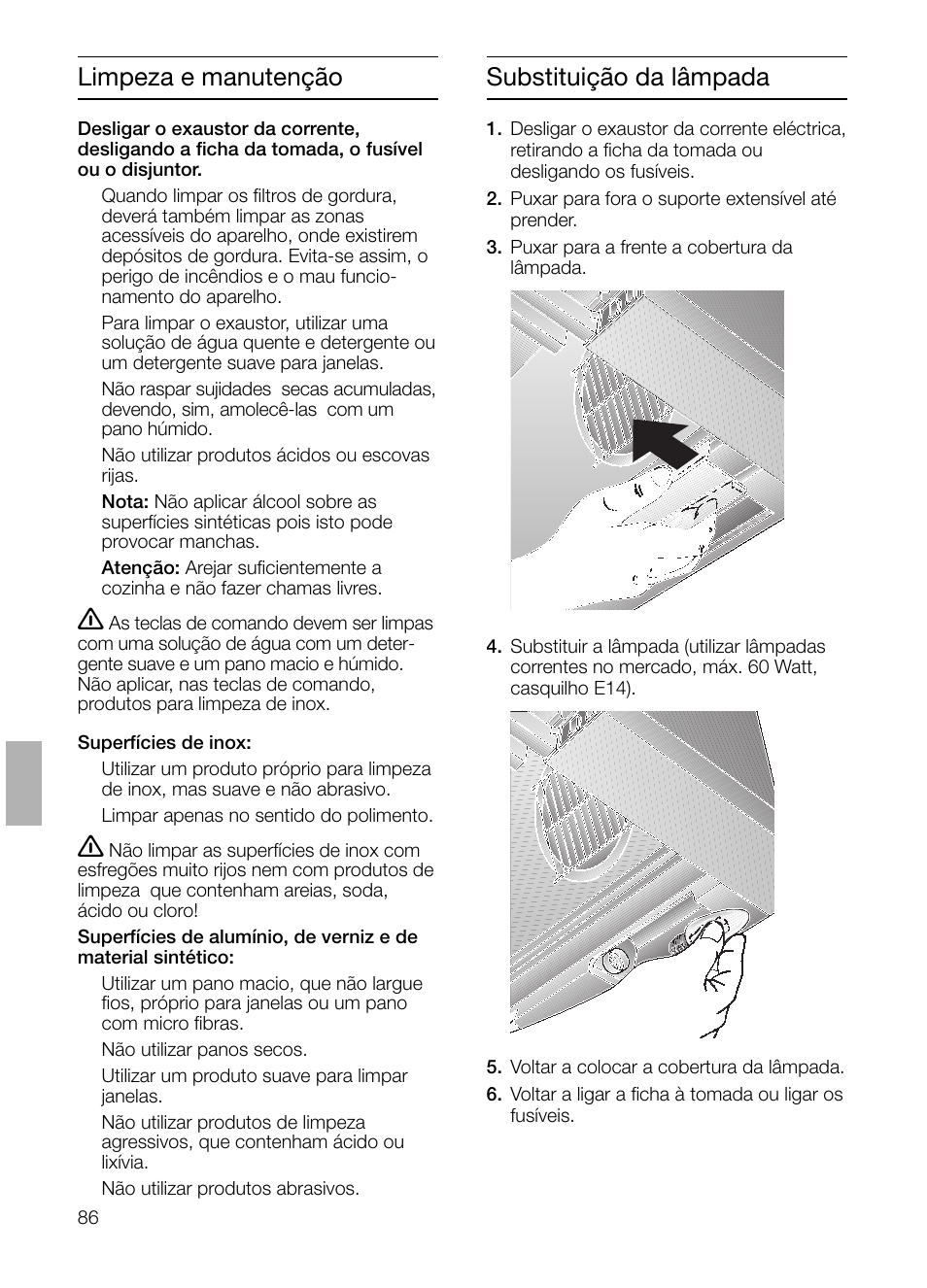 Substituição da lâmpada, Limpeza e manutenção | Bosch DHI645H grau-metallic Flachschirmhaube 60 cm User Manual | Page 86 / 96