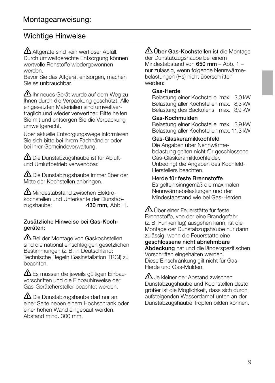 Montageanweisung: wichtige hinweise | Bosch DHI645H grau-metallic Flachschirmhaube 60 cm User Manual | Page 9 / 96