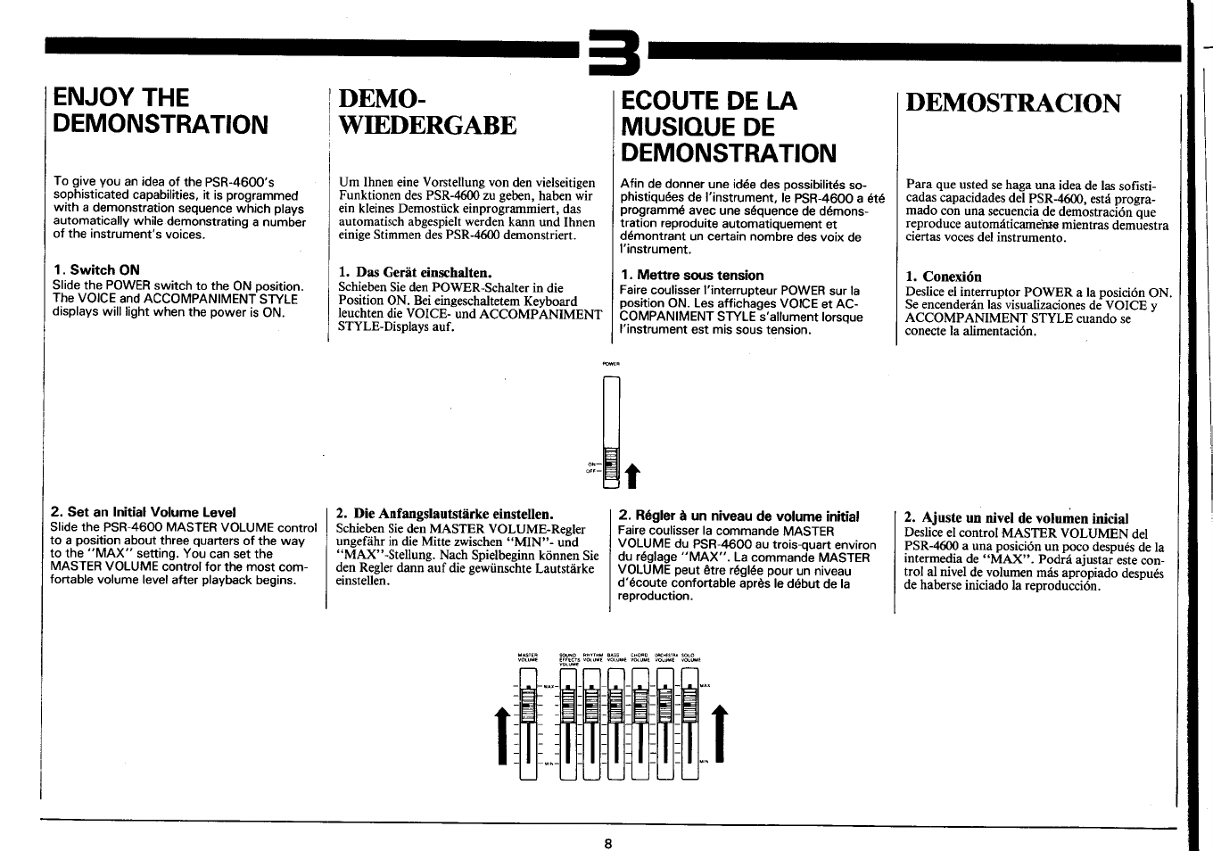 Enjoy the demonstration, Switch on, Demo | Wiedergabe, Das gerät einschalten, Set an initial volume level, Die anfangslautstärke einstellen, Régler à un niveau de volume initial, Ajuste un nivel de volumen inicial, Demo­ wiedergabe | Yamaha PSR-4600 User Manual | Page 10 / 30