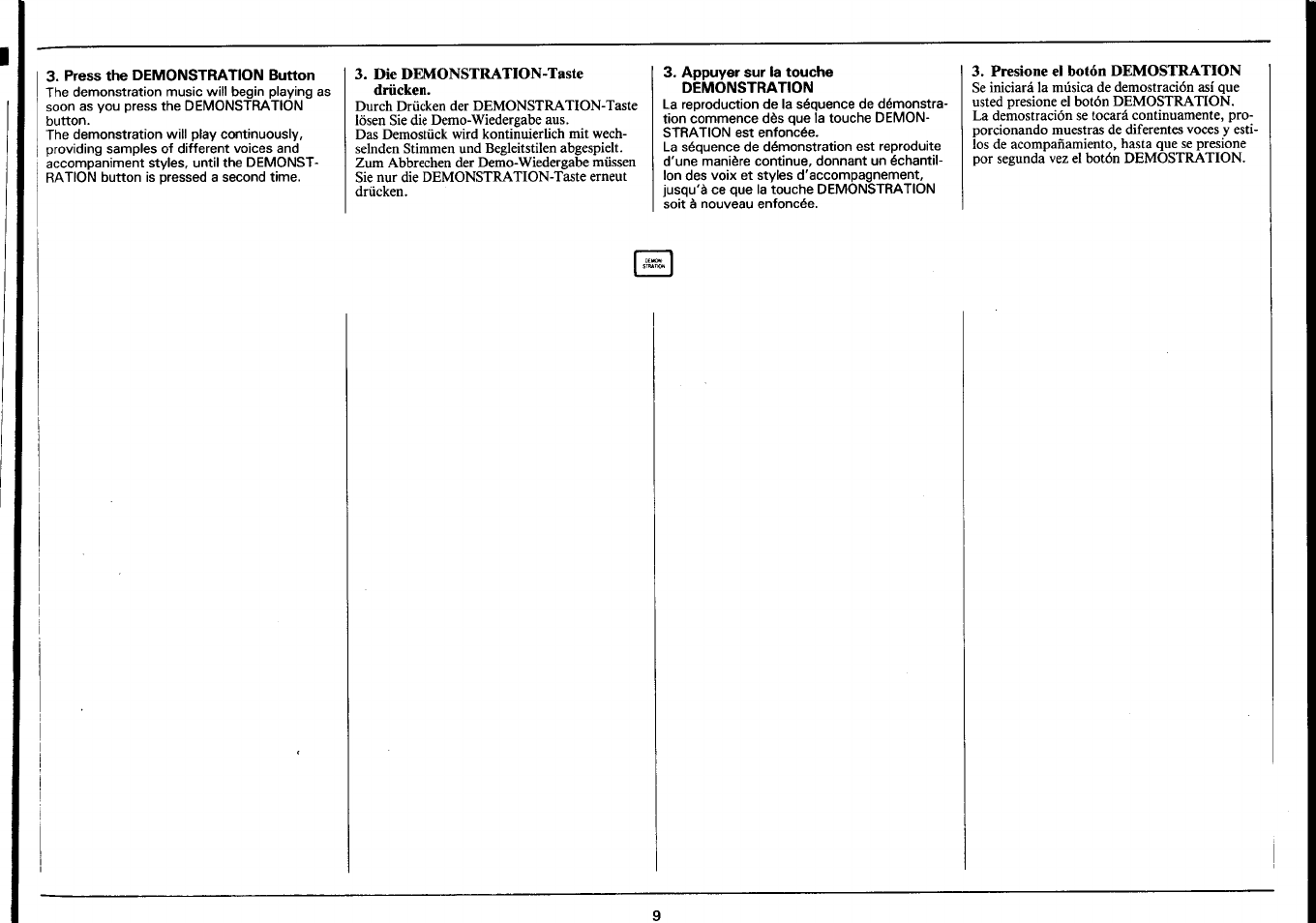 Press the demonstration button, Die demonstration-taste drücken, Appuyer sur la touche demonstration | Presione el botón demostration | Yamaha PSR-4600 User Manual | Page 11 / 30