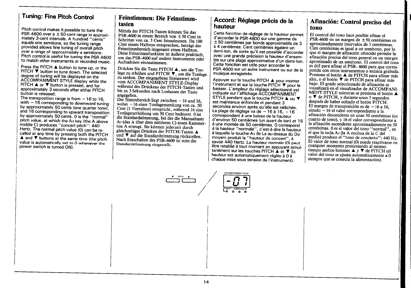 Tuning: fine pitdi control, Feinstimmen: die feinstimm- tasten, Accord: réglage précis de la hauteur | Afínación: control preciso del tono, Tuning: fine pitch control, Feinstimmen; die feinstimmtasten, Afinación; control preciso del tono | Yamaha PSR-4600 User Manual | Page 16 / 30