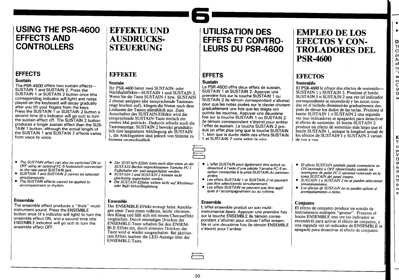 Effects, Sustain, Effekte | Effets, Efectos, Sostenido, Ensemble, Conjunto, Effekte und ausdrucks­ steuerung, Using the psr-4600 effects and controllers | Yamaha PSR-4600 User Manual | Page 22 / 30