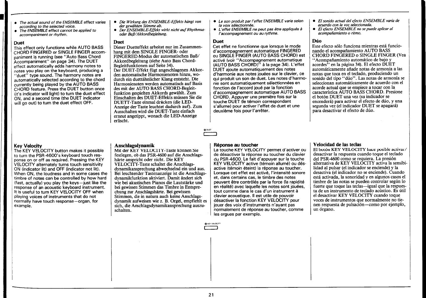 Duet, Key velocity, Anschlagsdynamik | Réponse au toucher, Velocidad de las teclas | Yamaha PSR-4600 User Manual | Page 23 / 30