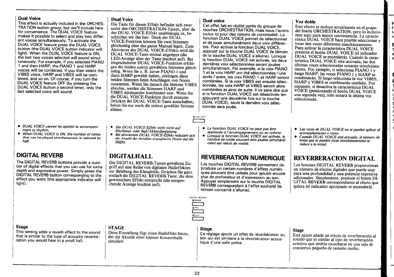 Dual voice, Voz doble, Stage | Yamaha PSR-4600 User Manual | Page 24 / 30