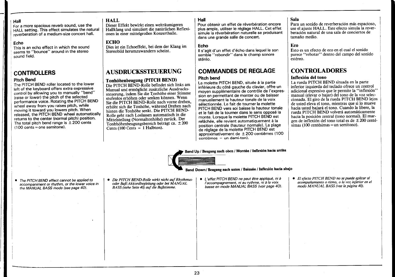 Halt, Echo, Controllers | Pitch bend, Hall, Ausdruckssteuerung, Tonhöhenbeugung (pitch bend), Commandes de reglage, Sala, Controladores | Yamaha PSR-4600 User Manual | Page 25 / 30
