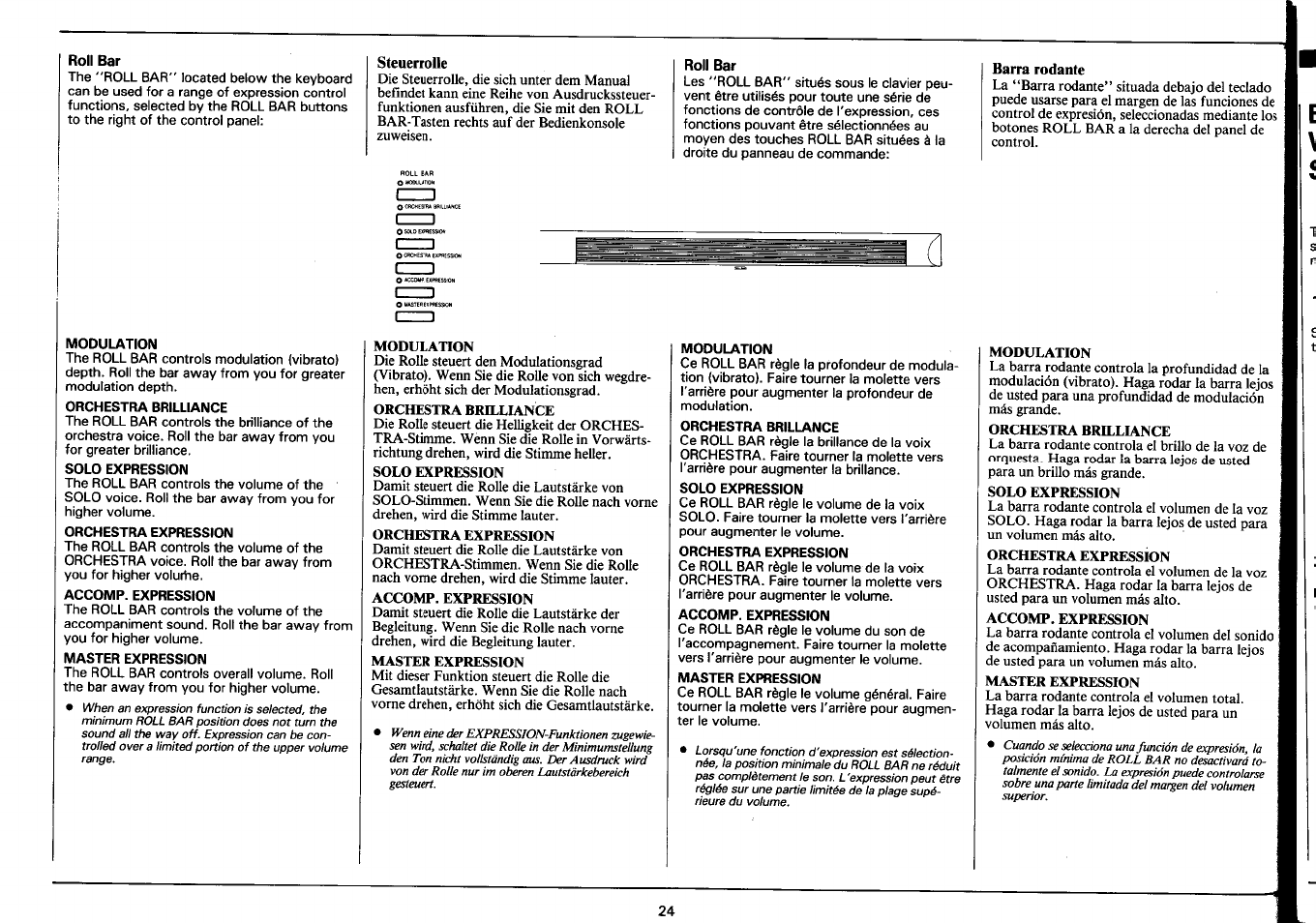 Roll bar, Steuerrolle, Barra rodante | Modulation, Orchestra brilliance, Solo expression, Orchestra expression, Accomp. expression, Master expression, Orchestra brillance | Yamaha PSR-4600 User Manual | Page 26 / 30