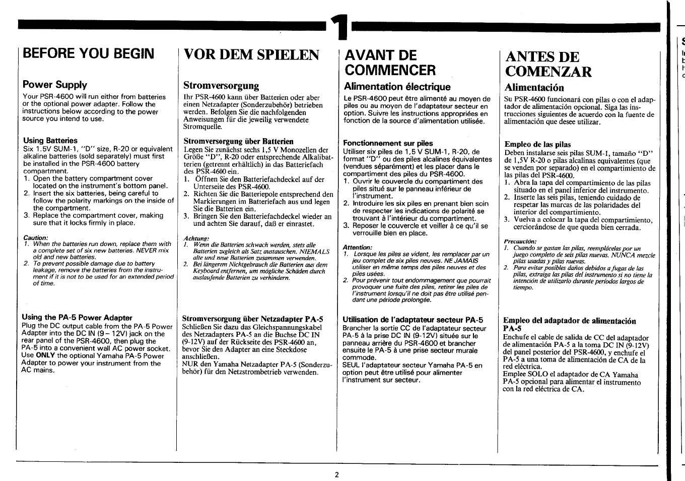 Before you begin, Power supply, Using batteries | Using the pa-5 power adapter, Vor dem spielen, Stromversorgung, Stromversorgung über netzadapter pa-5, Avant de commencer, Alimentation électrique, Fonctionnement sur piles | Yamaha PSR-4600 User Manual | Page 4 / 30