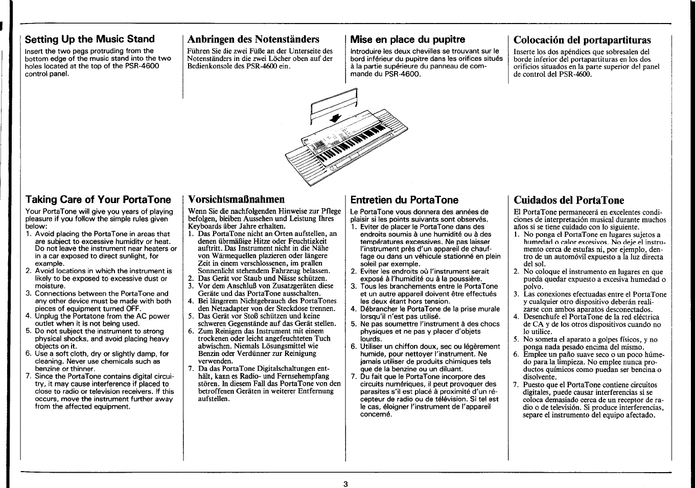 Setting up the music stand, Taking care of your portatone, Anbringen des notenständers | Mise en place du pupitre, Vorsichtsmaßnahmen, Entretien du portatone, Colocación del portapartituras, Cuidados del portatone, Anbringen des notenständers vorsichtsmaßnahmen, Mise en place du pupitre entretien du portatone | Yamaha PSR-4600 User Manual | Page 5 / 30