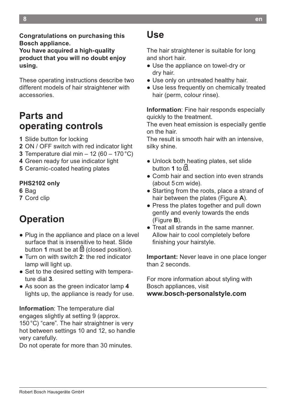 Parts and operating controls, Operation | Bosch PHS2105 Haarglätter beautixx creative User Manual | Page 10 / 84