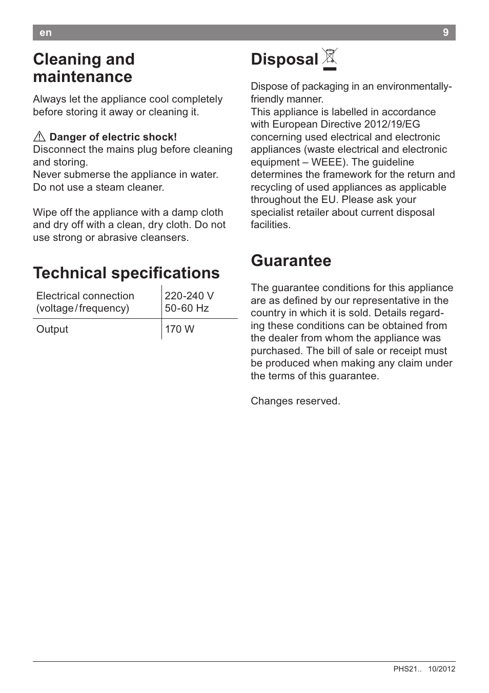 Cleaning and maintenance, Technical speci^cations, Disposal a | Guarantee, Technical speci^cations disposal a | Bosch PHS2105 Haarglätter beautixx creative User Manual | Page 11 / 84