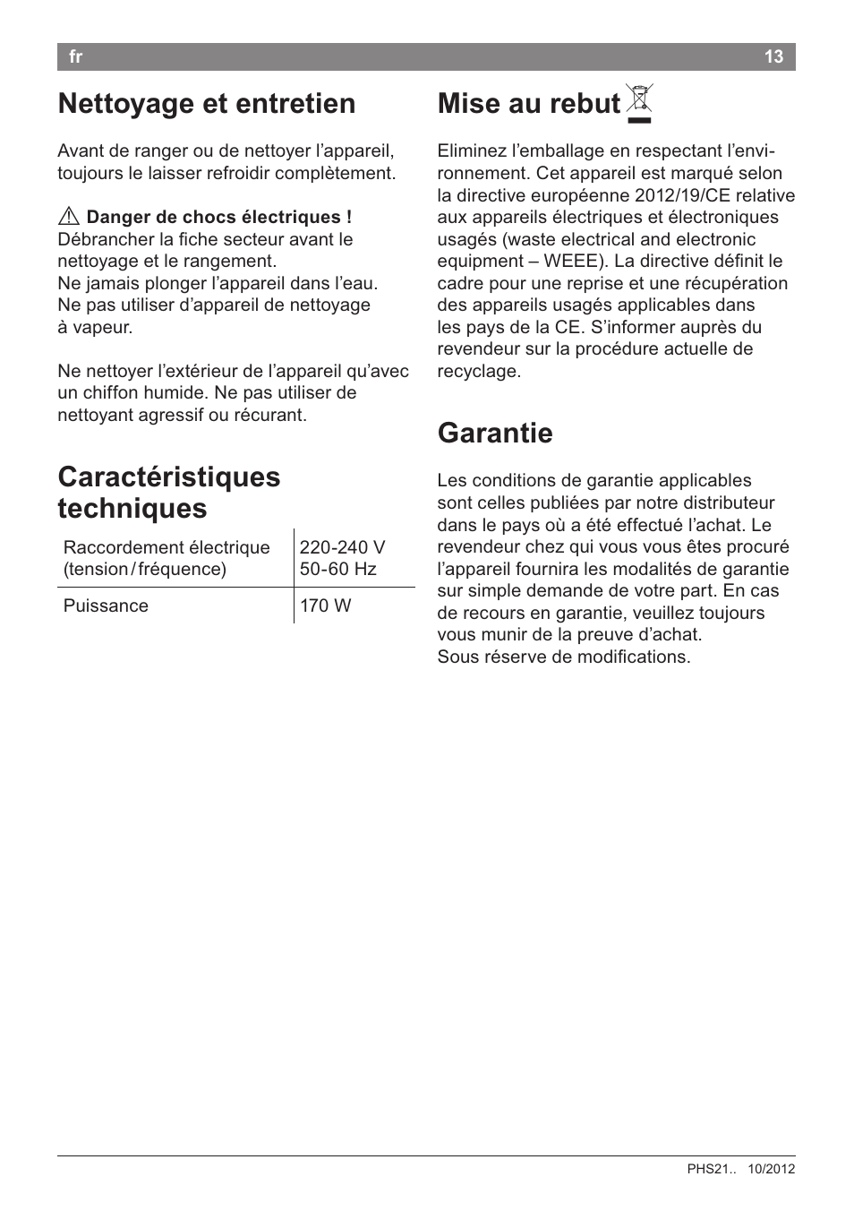 Nettoyage et entretien, Mise au rebut a, Garantie | Caractéristiques techniques | Bosch PHS2105 Haarglätter beautixx creative User Manual | Page 15 / 84