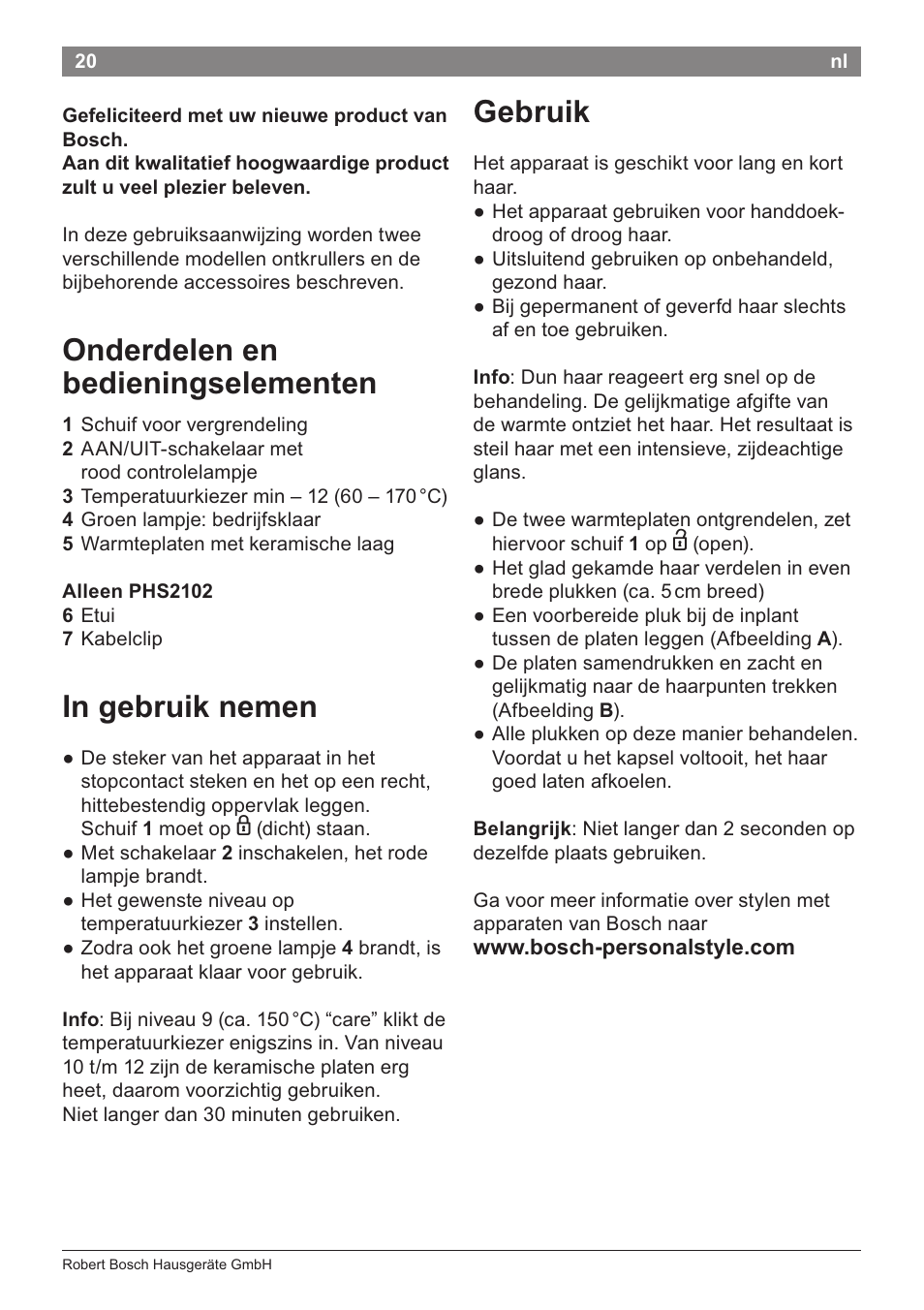 Onderdelen en bedieningselementen, In gebruik nemen, Gebruik | Bosch PHS2105 Haarglätter beautixx creative User Manual | Page 22 / 84