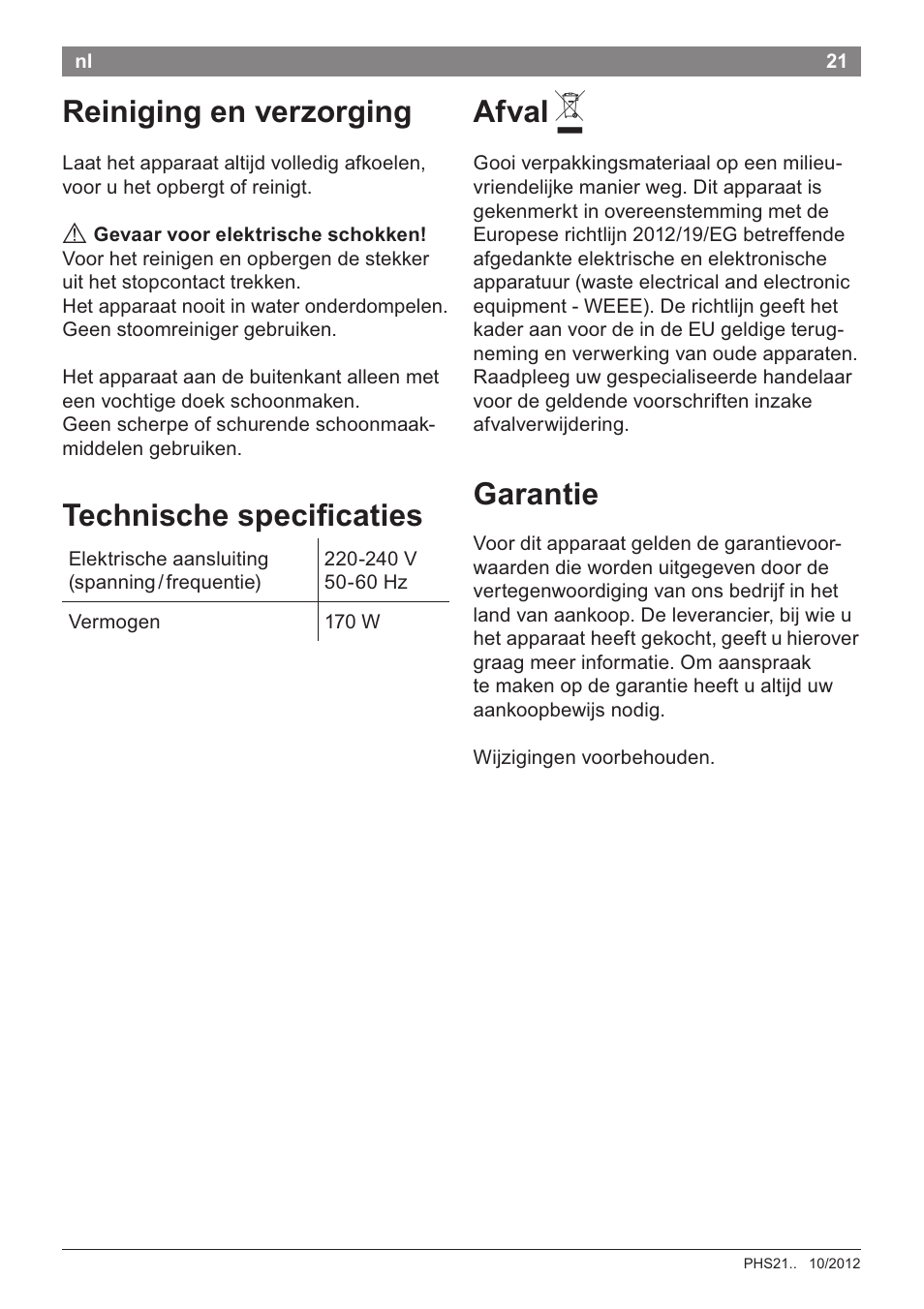 Reiniging en verzorging afval a, Technische speci^caties, Garantie | Bosch PHS2105 Haarglätter beautixx creative User Manual | Page 23 / 84