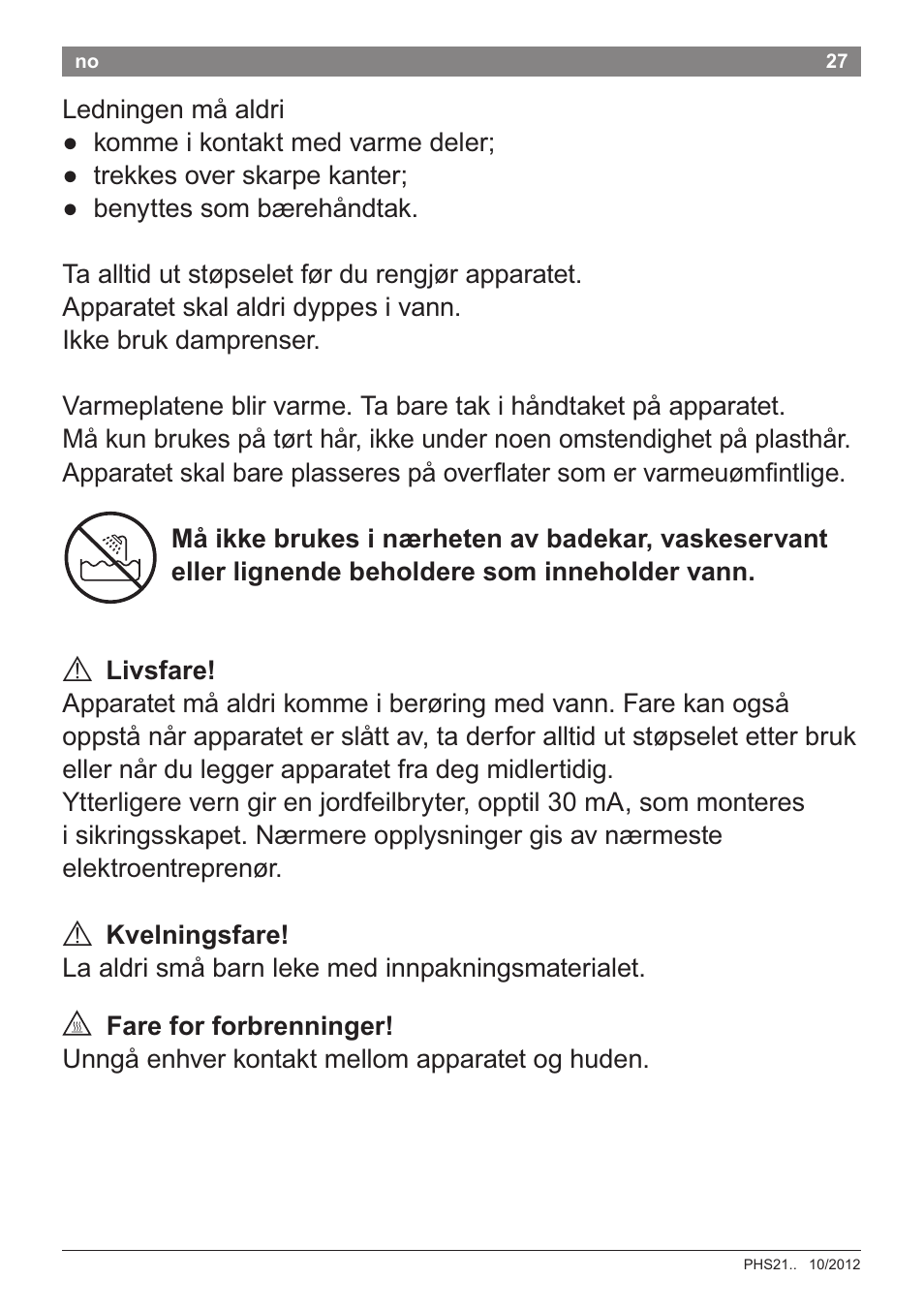 A livsfare, A kvelningsfare | Bosch PHS2105 Haarglätter beautixx creative User Manual | Page 29 / 84