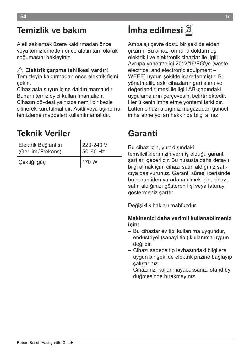 Temizlik ve bakim, Imha edilmesi a, Garanti | Temizlik ve bakim imha edilmesi a, Teknik veriler | Bosch PHS2105 Haarglätter beautixx creative User Manual | Page 56 / 84