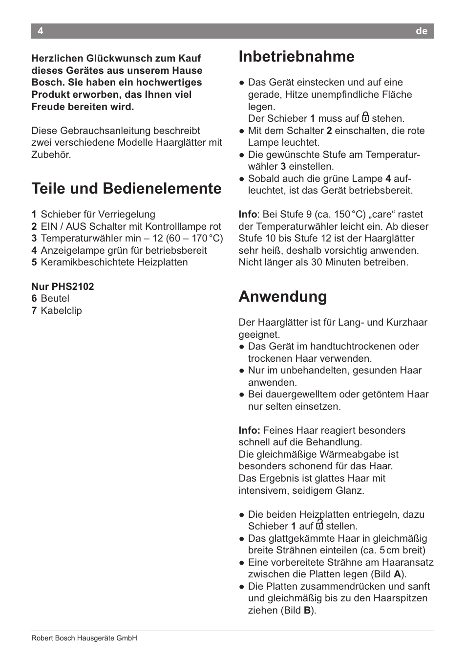 Teile und bedienelemente, Inbetriebnahme, Anwendung | Teile und bedienelemente inbetriebnahme | Bosch PHS2105 Haarglätter beautixx creative User Manual | Page 6 / 84