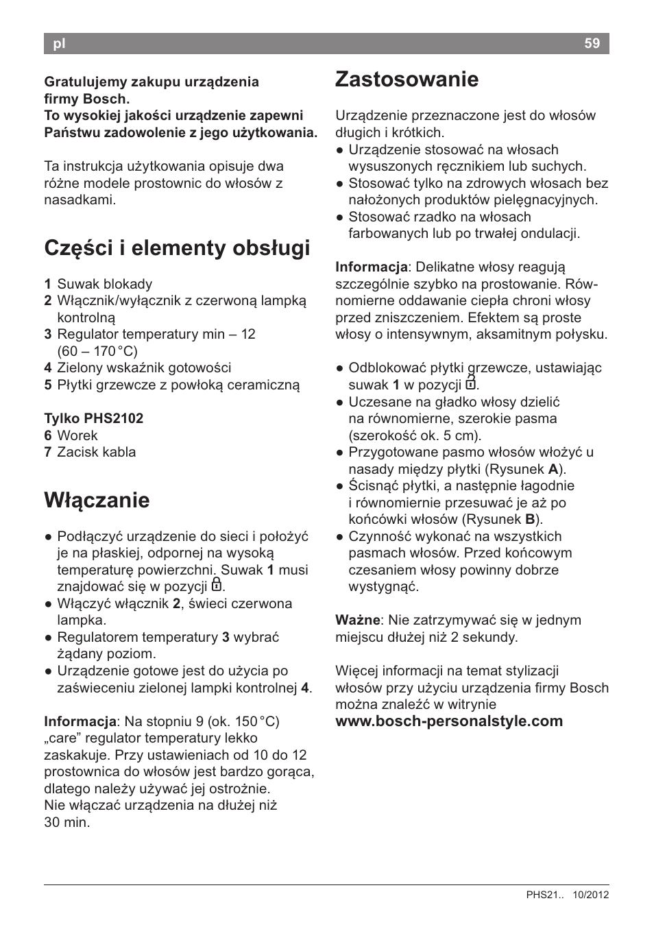 Cz^sci i elementy obstugi, Wtqczanie, Zastosowanie | Bosch PHS2105 Haarglätter beautixx creative User Manual | Page 61 / 84