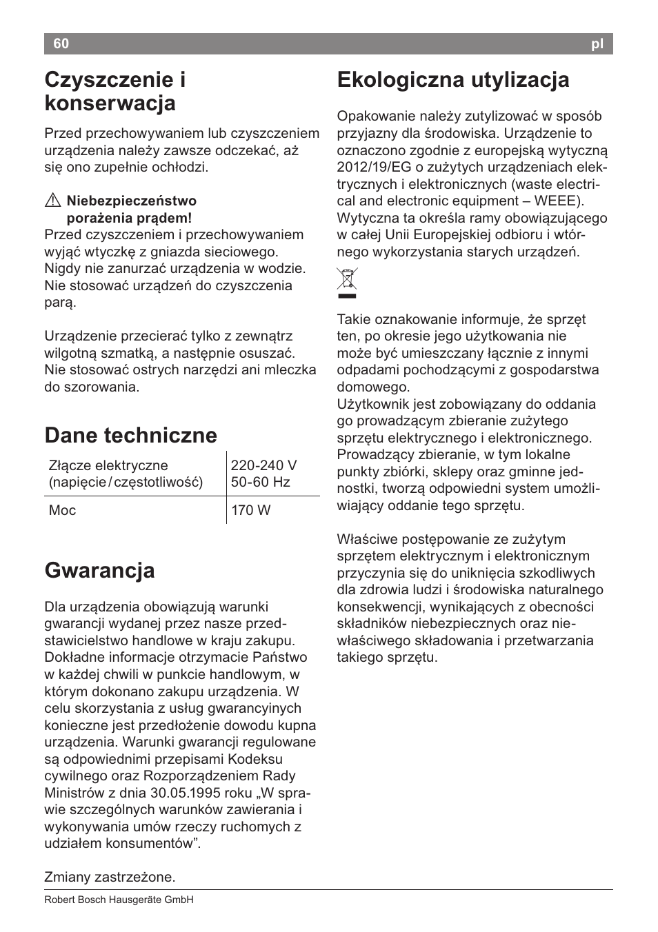 Czyszczenie i konserwacja, Gwarancja, Ekologiczna utylizacja | Dane techniczne | Bosch PHS2105 Haarglätter beautixx creative User Manual | Page 62 / 84