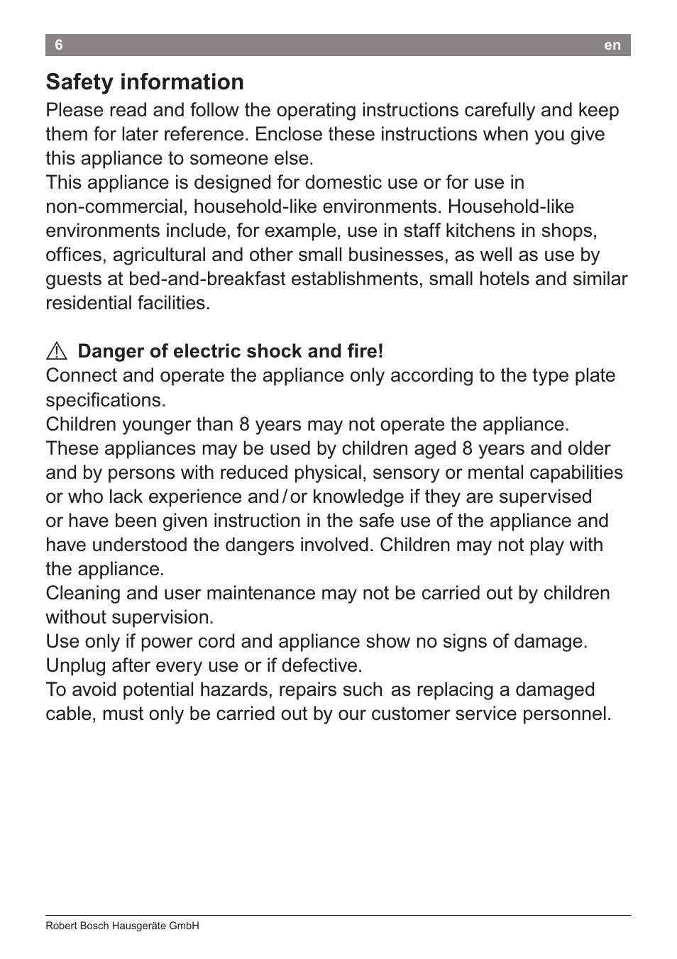 Safety information, A danger of electric shock and hre | Bosch PHS2105 Haarglätter beautixx creative User Manual | Page 8 / 84