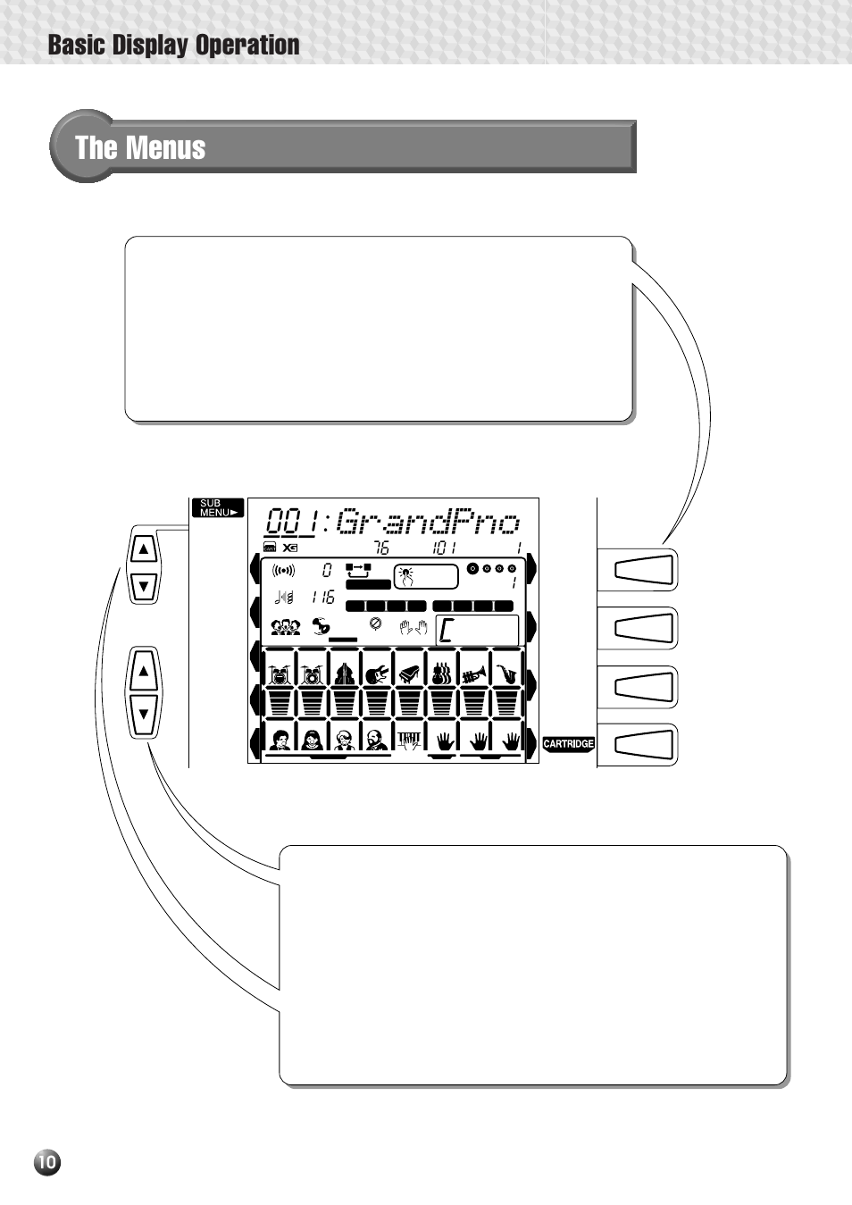 The menus, Grandpno, Basic display operation | Yamaha PSR-530 User Manual | Page 12 / 130