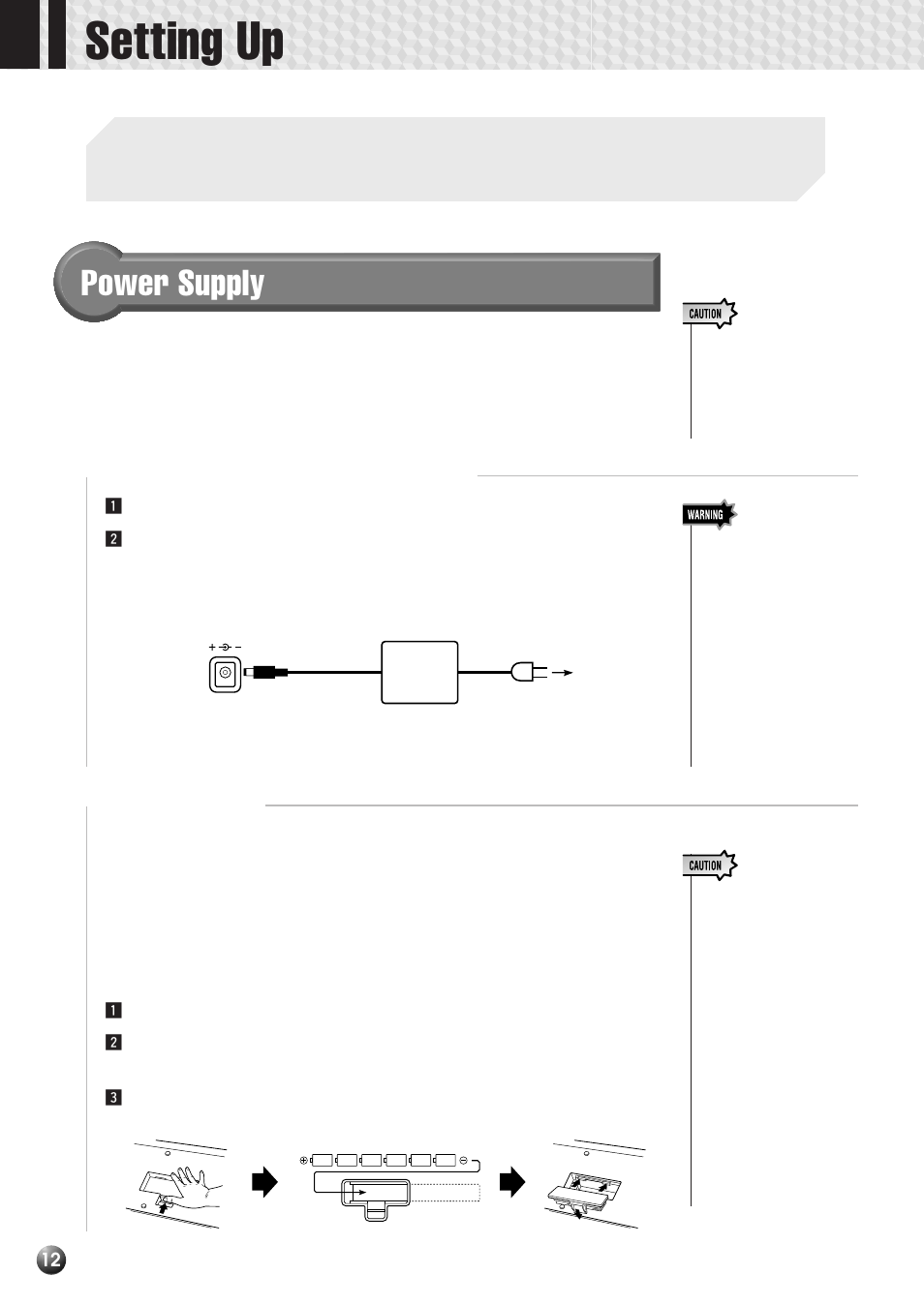 Setting up, Power supply, Using an optional ac power adaptor | Using batteries | Yamaha PSR-530 User Manual | Page 14 / 130