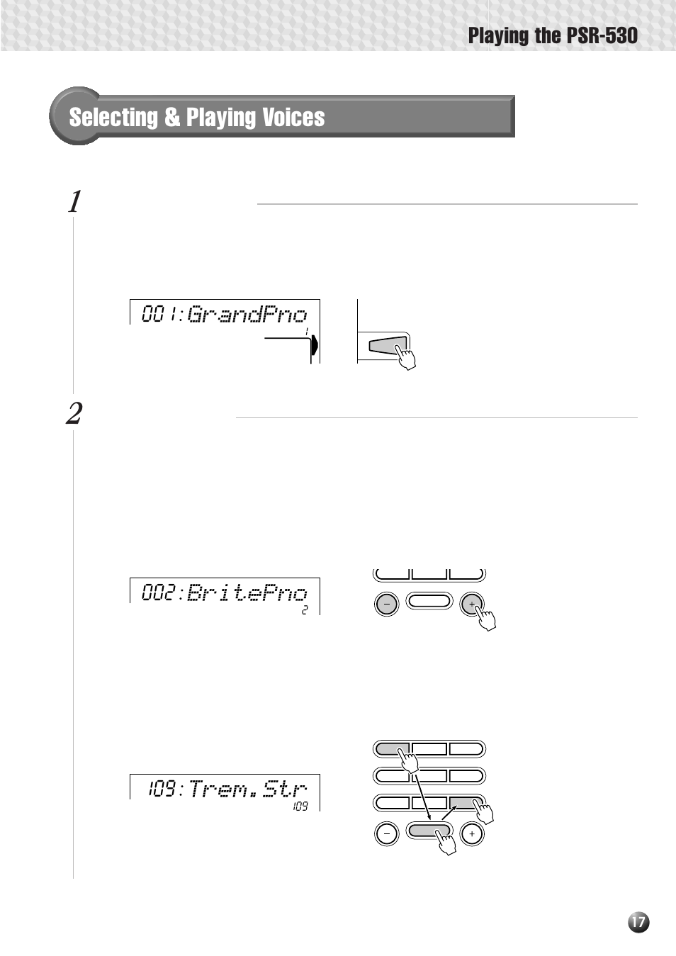 Selecting & playing voices, Playing the psr-530, Grandpno | Trem.str, Britepno | Yamaha PSR-530 User Manual | Page 19 / 130