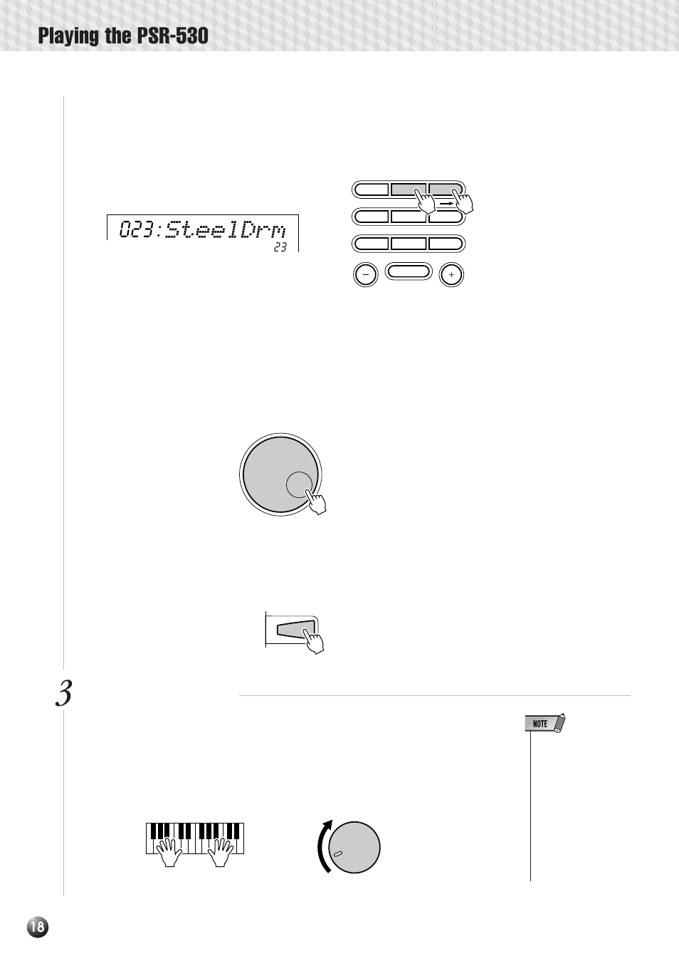 Playing the psr-530, Steeldrm, Play & adjust volume | Yamaha PSR-530 User Manual | Page 20 / 130