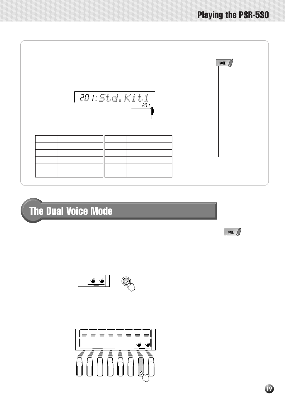 Keyboard percussion, The dual voice mode, Playing the psr-530 | Std.kit1 | Yamaha PSR-530 User Manual | Page 21 / 130