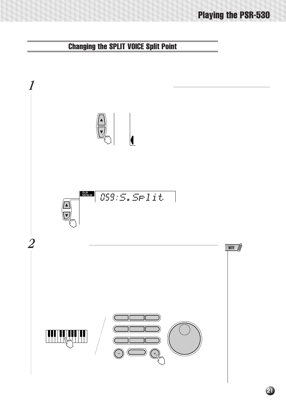 Changing the split voice split point, Playing the psr-530, S.split | Yamaha PSR-530 User Manual | Page 23 / 130