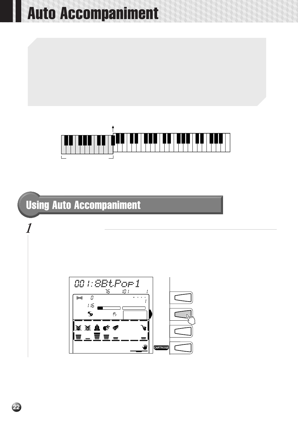 Auto accompaniment, Using auto accompaniment, 8btpop1 | Select the style menu | Yamaha PSR-530 User Manual | Page 24 / 130
