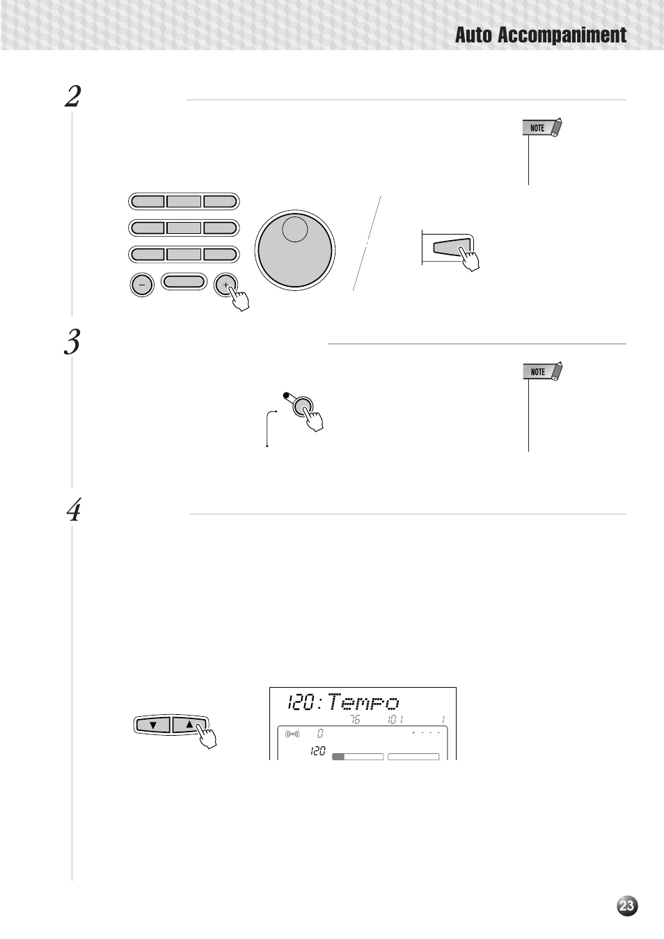 Auto accompaniment, Tempo, Set the tempo | Select a style, Turn auto accompaniment on | Yamaha PSR-530 User Manual | Page 25 / 130