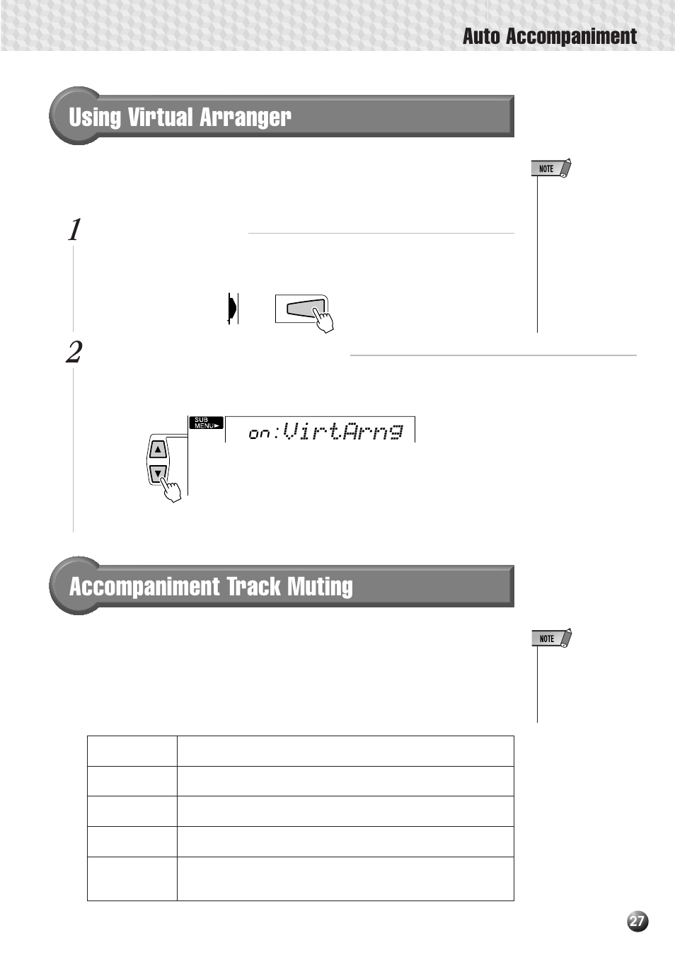 Using virtual arranger, Accompaniment track muting, Auto accompaniment | Virtarng | Yamaha PSR-530 User Manual | Page 29 / 130