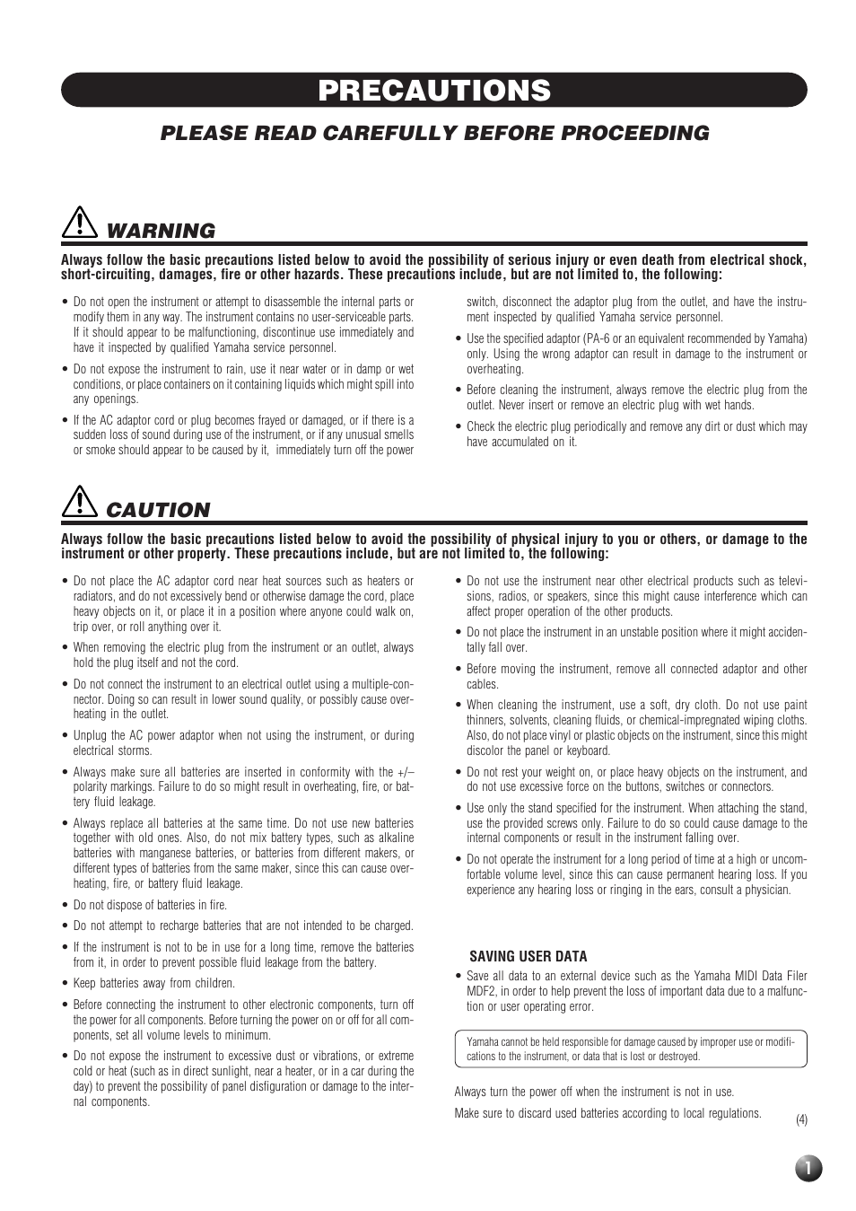 Precautions, Please read carefully before proceeding, Caution | Warning | Yamaha PSR-530 User Manual | Page 3 / 130