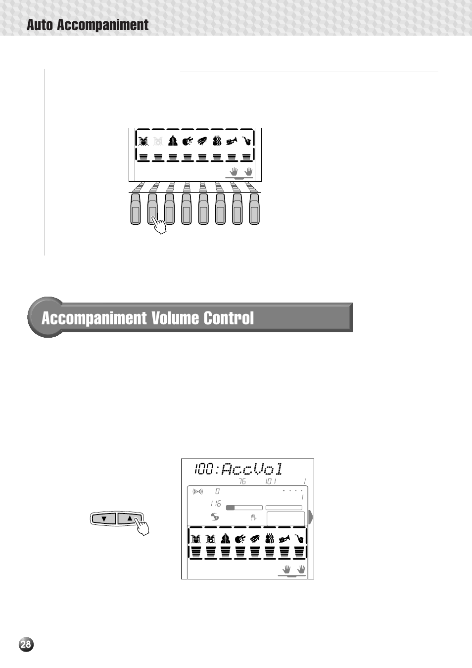 Muting individual tracks, Accompaniment volume control, Auto accompaniment | Accvol | Yamaha PSR-530 User Manual | Page 30 / 130