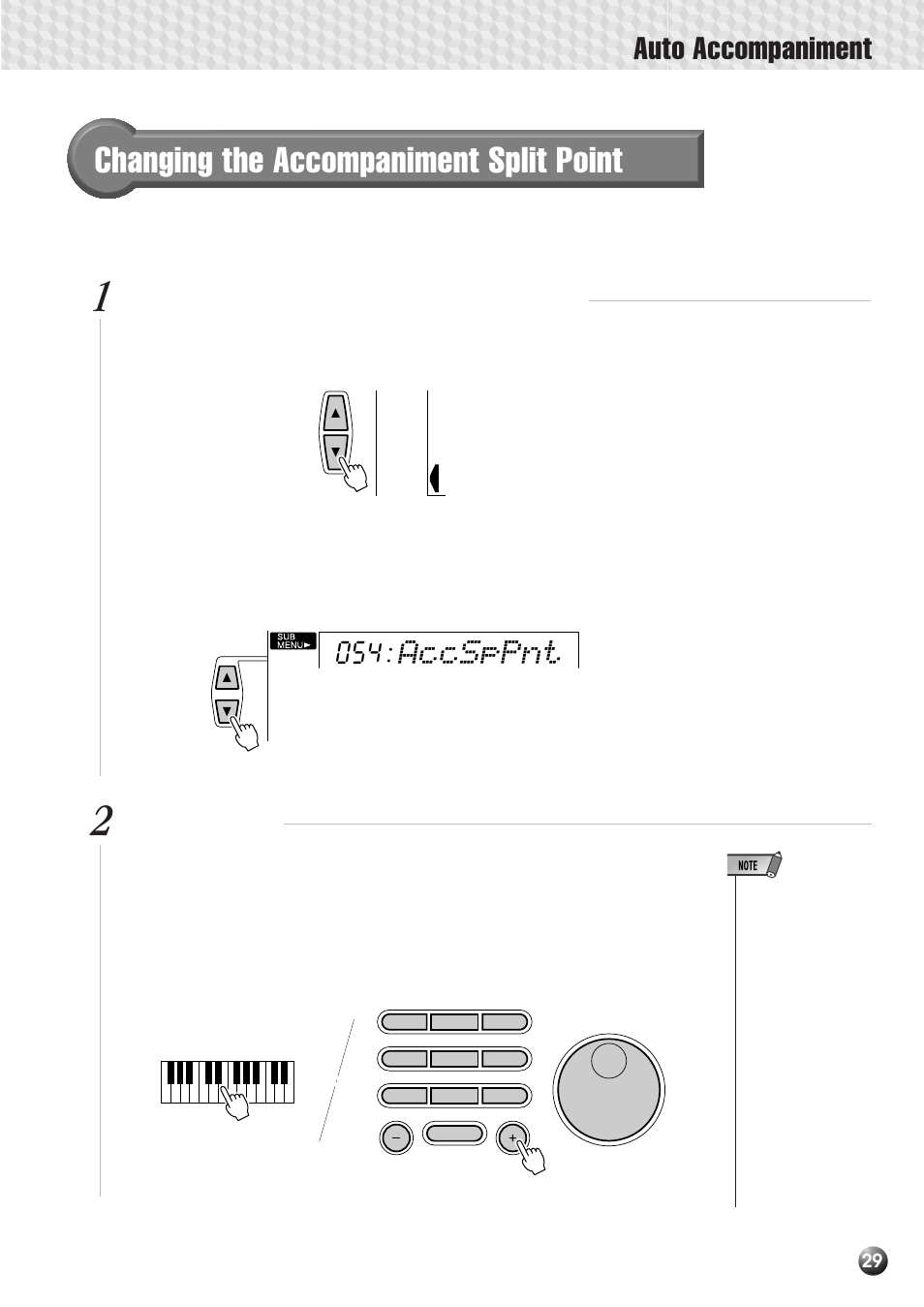 Changing the accompaniment split point, Auto accompaniment, Accsppnt | Yamaha PSR-530 User Manual | Page 31 / 130